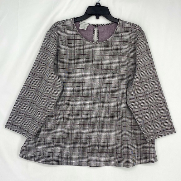 Van Heusen Womens XXL Pullover Knit Top Black Purple Houndstooth Plaid 3/4 Slv - Picture 1 of 9